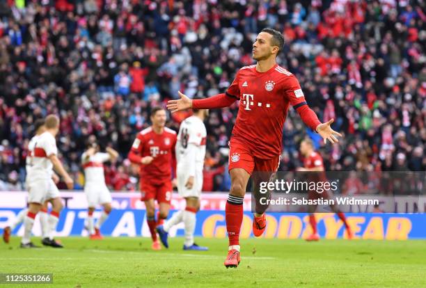 Thiago Alcantara of Bayern Munich celebrates after scoring his team's first goal during the Bundesliga match between FC Bayern Muenchen and VfB...