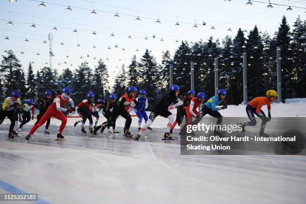 Mass Start Men Junior race Day two of Junior World Cup Speed Skating at the Oulunkylaen Liikuntapuistoon Arena on January 27, 2019 in Helsinki,...