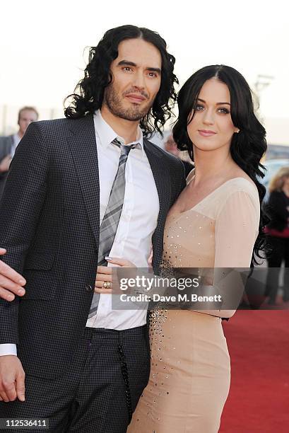 Actor Russell Brand and singer Katy Perry attend the European Premiere of 'Arthur' held at The Cineworld O2 on April 19, 2011 in London, England.