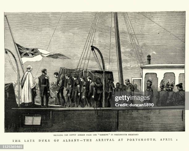prince leopold, duke of albany, coffin arriving at portsmouth - prince leopold duke of albany stock illustrations