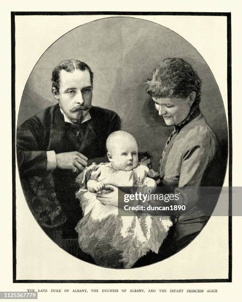 prince leopold, duke of albany with wife and daughter - princess alice countess of athlone stock illustrations