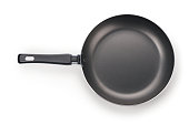 Black frying pan isolated on white with clipping path