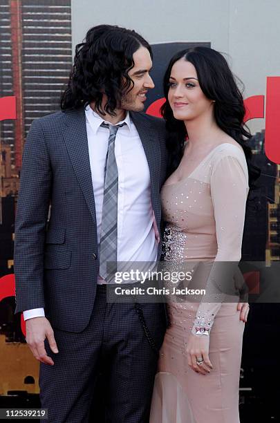 Russell Brand and Katy Perry attend the European Premiere of Arthur at Cineworld 02 on April 19, 2011 in London, England.