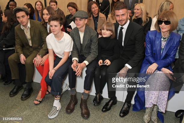 Brooklyn Beckham, Hana Cross, Cruz Beckham, Romeo Beckham, Harper Beckham, David Beckham and Dame Anna Wintour attend the Victoria Beckham show...