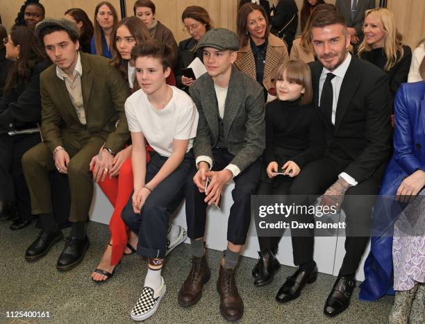 Brooklyn Beckham, Hana Cross, Cruz Beckham, Romeo Beckham, Harper Beckham and David Beckham attend the Victoria Beckham show during London Fashion...