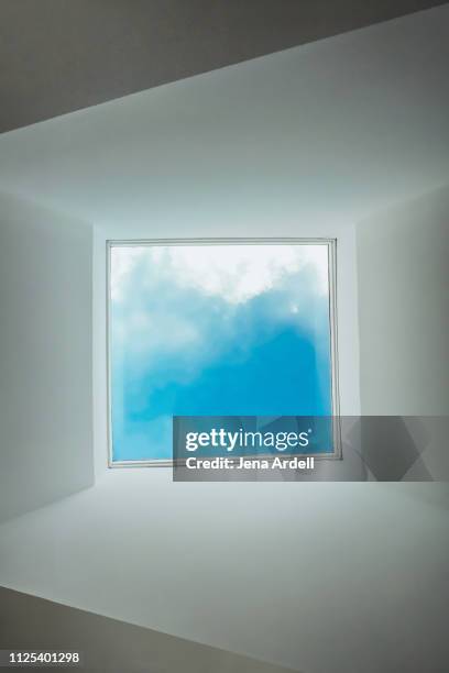 skylight, conceptual background, surreal background, vanishing point, diminishing perspective, blue sky, clouds, freedom - skylight stock pictures, royalty-free photos & images