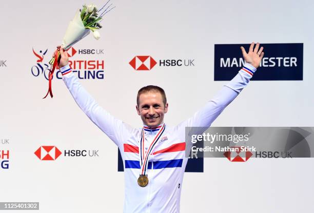 Jason Kenny celebrates as he wins the Male Keirin during the National Track Championships at National Cycling Centre on January 27, 2019 in...