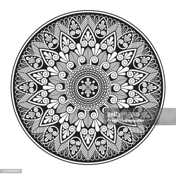 mandala ornament illustration - black and white flower tattoo designs stock illustrations