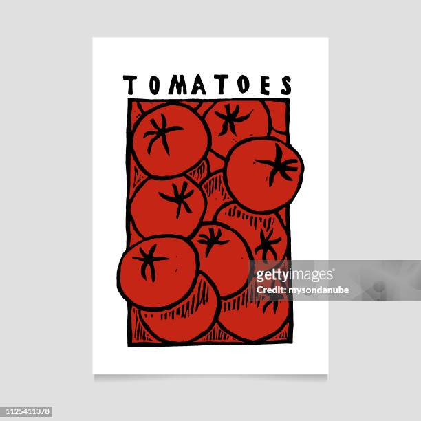 stockillustraties, clipart, cartoons en iconen met linosnede blok print poster vectorillustratie. - tomato stock illustrations