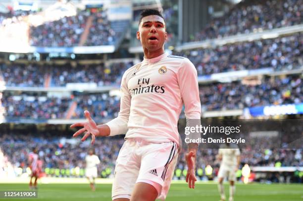 Casemiro of Real Madrid celebrates after scoring his team's first goal during the La Liga match between Real Madrid CF and Girona FC at Estadio...