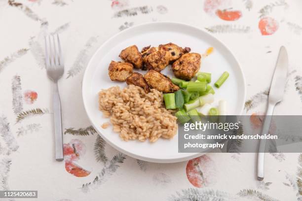 rice, chicken and spring onions - chicken decoration stock pictures, royalty-free photos & images