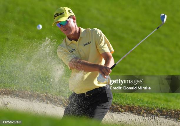 John Senden of Australia plays a shot from a bunker on the 11th hole on the South Course during the final round of the the 2019 Farmers Insurance...