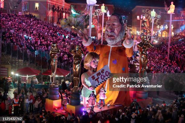 Statue depicting US producer Harvey Weinstein parade during the 135th Nice Carnival on February 16, 2019 in Nice, France. The Carnival takes place...