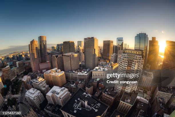 fisheye view of boston skyline - boston financial district stock pictures, royalty-free photos & images