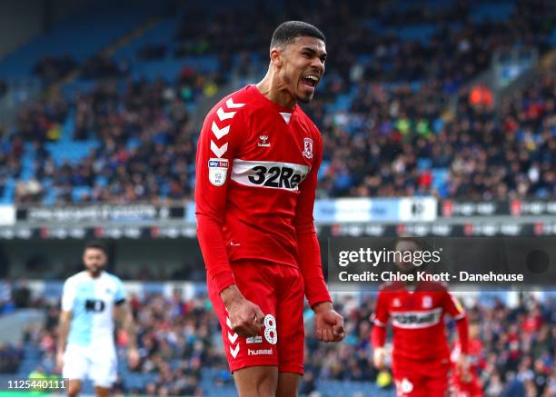 Ashley Fletcher of Middlesbrough FC celebrates scoring his teams first goal during the Sky Bet Championship match between Blackburn Rovers and...