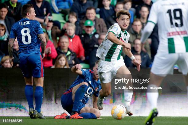 Jordy Clasie of Feyenoord, Nicolai Jorgensen of Feyenoord, Ritsu Doan of FC Groningen during the Dutch Eredivisie match between FC Groningen v...