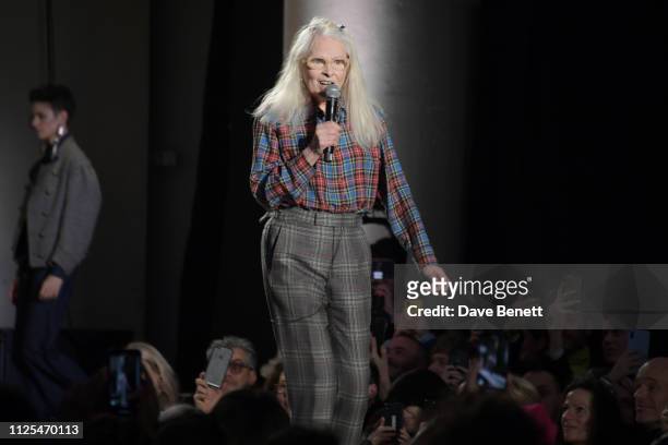 Dame Vivienne Westwood walks the runway at the Vivienne Westwood show during London Fashion Week February 2019 on February 17, 2019 in London,...