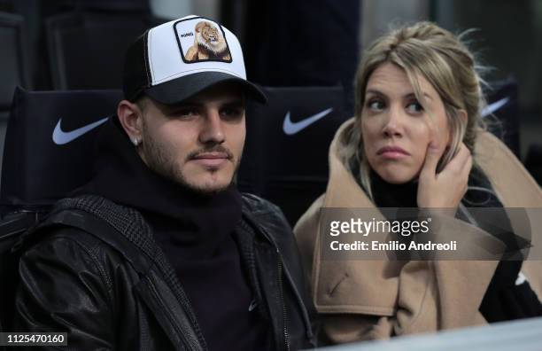 Mauro Emanuel Icardi of FC Internazionale and his wife Wanda Nara attend the Serie A match between FC Internazionale and UC Sampdoria at Stadio...
