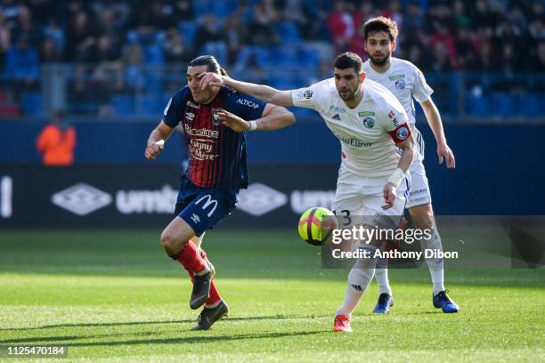 Enzo Crivelli of Caen and Sefan Mitrovic of Strasbourg during the Ligue 1 match between Caen and Strasbourg at Stade Michel D'Ornano on February 17,...