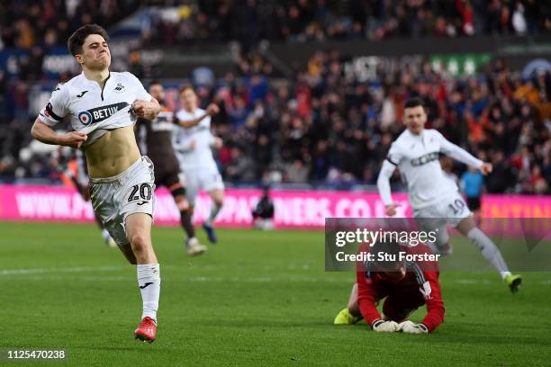 Daniel James of Swansea City celebrates after scoring his team's second goal during the FA Cup Fifth Round match between Swansea and Brentford at...