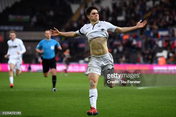 Daniel James of Swansea City celebrates after scoring his team's second goal during the FA Cup Fifth Round match between Swansea and Brentford at...