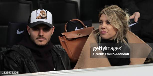 Mauro Emanuel Icardi of FC Internazionale and his wife Wanda Nara attend the Serie A match between FC Internazionale and UC Sampdoria at Stadio...