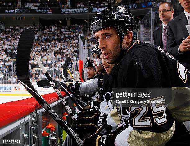 Maxime Talbot of the Pittsburgh Penguins looks on against the Tampa Bay Lightning in Game Two of the Eastern Conference Quarterfinals during the 2011...