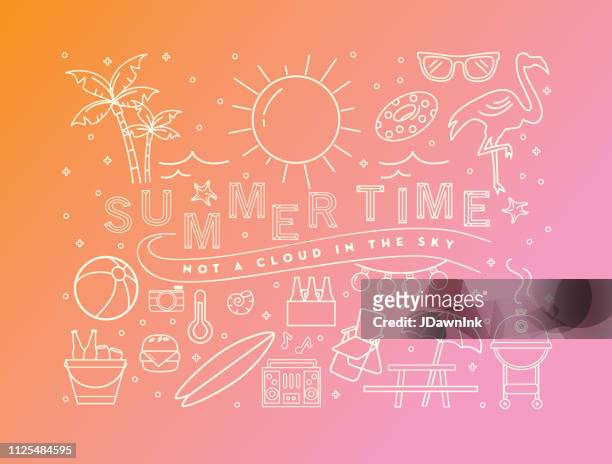 illustrazioni stock, clip art, cartoni animati e icone di tendenza di design di banner estivi con icone di testo e line art estive - estate