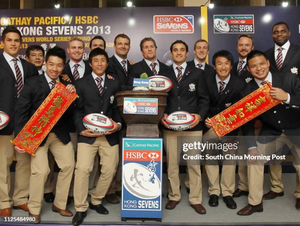 Cathay Pacific/HSBC Hong Kong Sevens 2013 Official Draw Ceremony at Causeway Bay. Group picture of Hong Kong Sevens team Anthony Haynes; Martin...