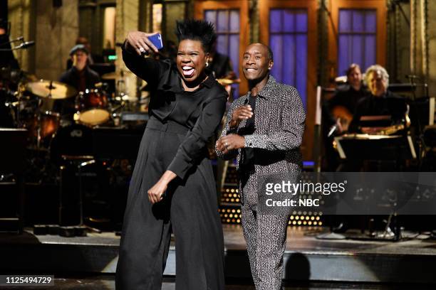 Don Cheadle" Episode 1759 -- Pictured: Leslie Jones and host Don Cheadle during the Monologue on Saturday, February 16, 2019 --