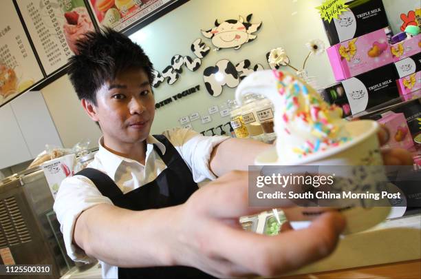 Ian Cheng, founder of Triple Milk Frozen Yogurt, at his shop at Kwun Tong Plaza, Kwun Tong. 21MAR13