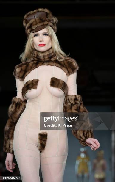 Model walks the runway at the Pam Hogg show during London Fashion Week February 2019 on February 17, 2019 in London, England.