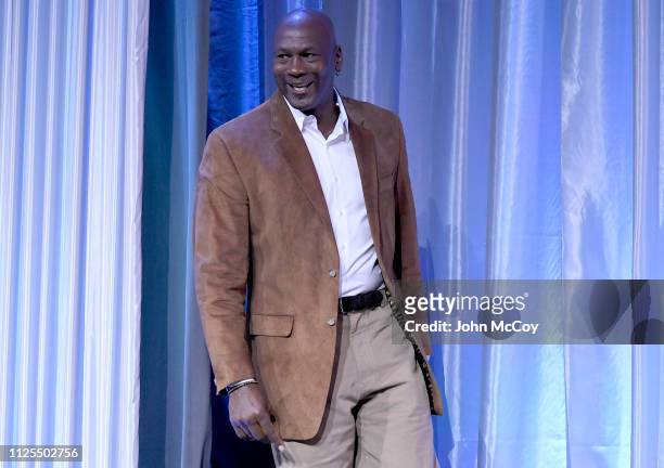 Michael Jordan speaks at the All Star Breakfast held by the National Basketball Retired Players Association at the Renaissance Charlotte Suites Hotel...