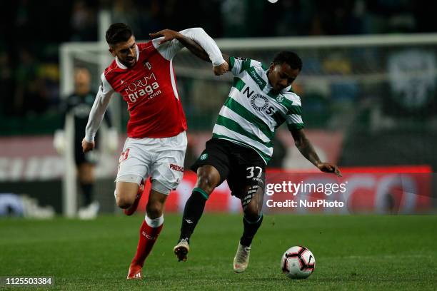 Paulinho of Braga vies for the ball with Wendel of Sporting during Primeira Liga 2018/19 match between Sporting CP vs SC Braga, in Lisbon, on...