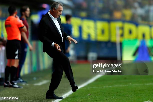 Gustavo Alfaro coach of Boca Juniors reacts during a match between Boca Juniors and Lanus as part of Superliga 2018/19 at Estadio Alberto J. Armando...