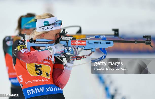 Tiril Eckhoff of Norway at the shooting range during the Mixed 2X7.5 + 2X6KM Relay Competition of the IBU World Cup Biathlon 2019 on February 17,...