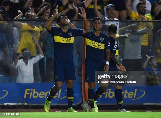 Emmanuel Mas of Boca Juniors celebrates after scoring the first goal of his team during a match between Boca Juniors and Lanus as part of Superliga...