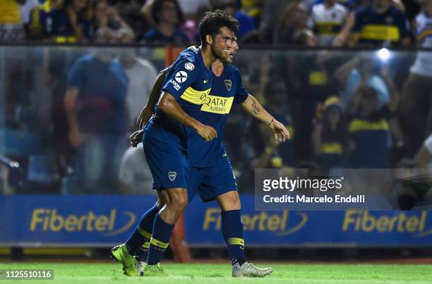 Emmanuel Mas of Boca Juniors celebrates after scoring the first goal of his team during a match between Boca Juniors and Lanus as part of Superliga...