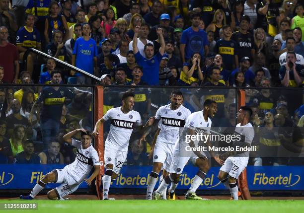 Jose Sand of Lanus celebrates after scoring the first goal of his team during a match between Boca Juniors and Lanus as part of Superliga 2018/19 at...