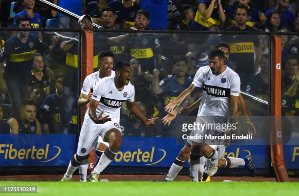Jose Sand of Lanus celebrates after scoring the first goal of his team during a match between Boca Juniors and Lanus as part of Superliga 2018/19 at...