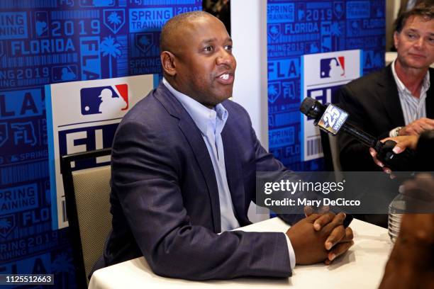 Miami Marlins President of Baseball Operations Michael Hill speaks to the media during the Grapefruit League media availability on Sunday, February...