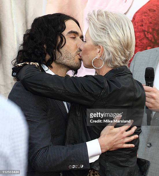 Russell Brand and Dame Helen Mirren attends the European premiere of 'Arthur' at Cineworld 02 Arena on April 19, 2011 in London, England.