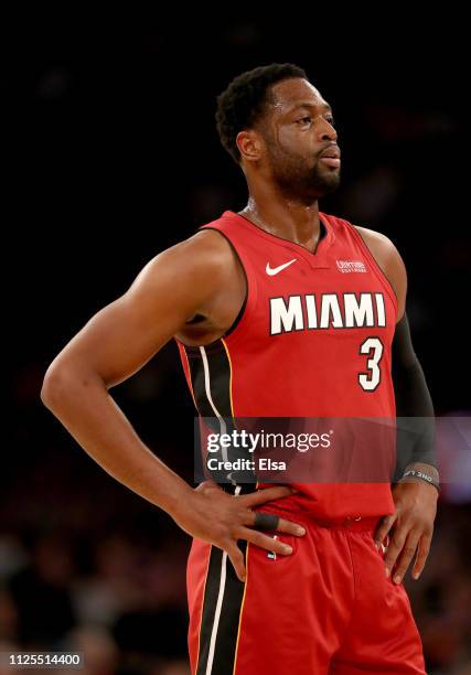 Dwyane Wade of the Miami Heat looks on during a stop in play against the New York Knicks at Madison Square Garden on January 27, 2019 in New York...