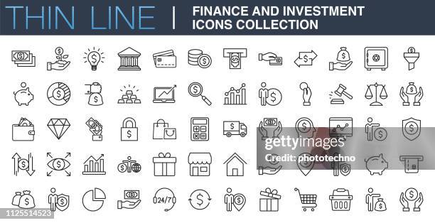 ilustraciones, imágenes clip art, dibujos animados e iconos de stock de colección de iconos de inversión y finanzas - solucion