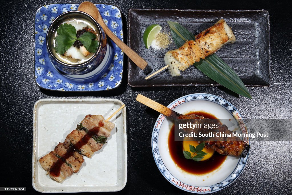 Restaurant Review for weekly magazine 48 hours - dishs shoot of (cockwice from left top) "Lobster Chawanmushi"; "Anago"; "Tsukune"; and "Kurobuta Belly" at Three Monkeys in Sheung Wan. 12APR13
