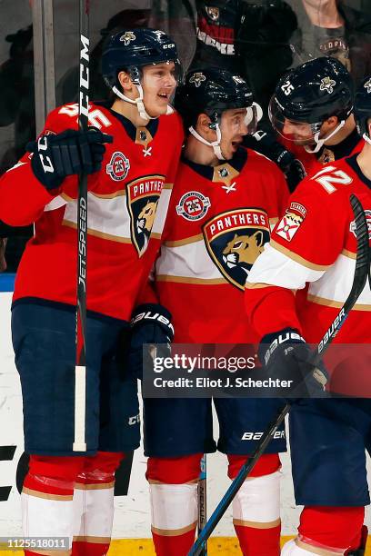 Denis Malgin of the Florida Panthers celebrates his goal with teammate Henrik Borgstrom and Derick Brassard against the Montreal Canadiens at the...