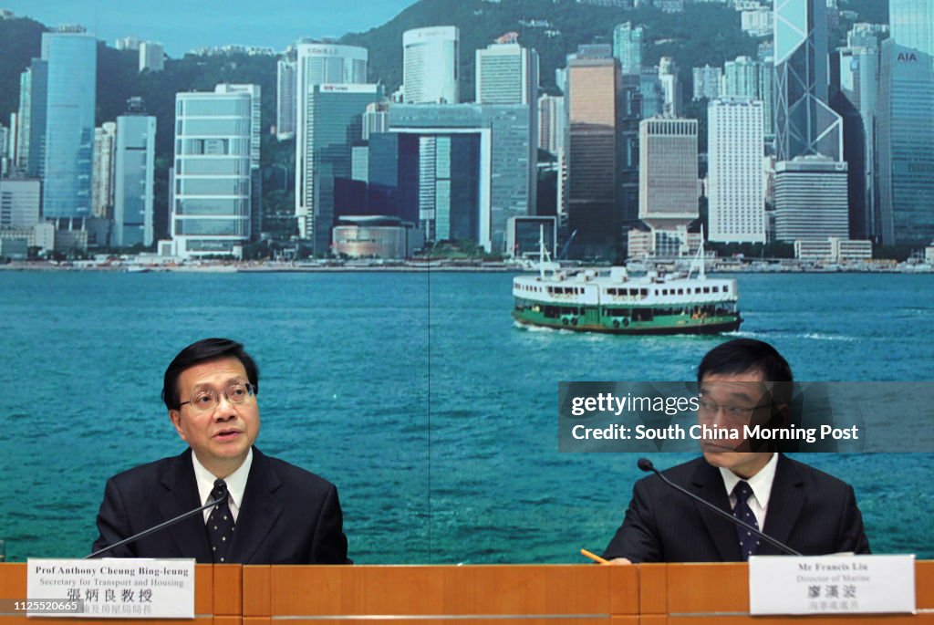 Anthony Cheung Bing-leung (left), secretary for Transport and housing and, Francis Liu Hon-por (right), director of Marine attend a press conference about a report of the Commission of Inquiry into the National Day ferry disaster off Lamma island  at gove