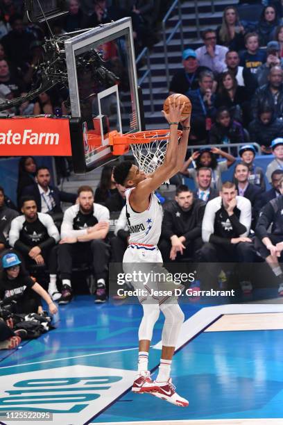 Giannis Antetokounmpo of Team Giannis backwards dunks the ball against Team LeBron during the 2019 NBA All Star Game on February 17, 2019 at Spectrum...