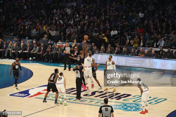 Joel Embiid of Team Giannis jumps against Kevin Durant of Team Lebron during the 2019 NBA All-Star Game on February 17, 2019 at the Spectrum Center...