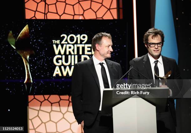 Alec Berg and Bill Hader, winners of Episodic Comedy for Chapter One: Make Your Mark , speak onstage during the 2019 Writers Guild Awards L.A....